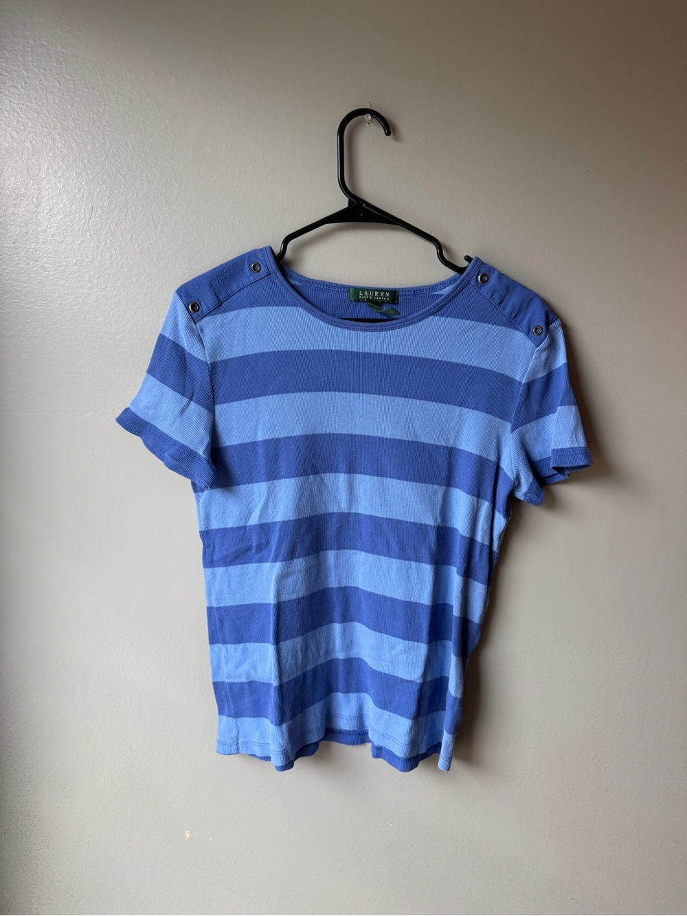 Lauren Ralph Lauren Blue Striped Ribbed Cotton Short Sleeve Top XL